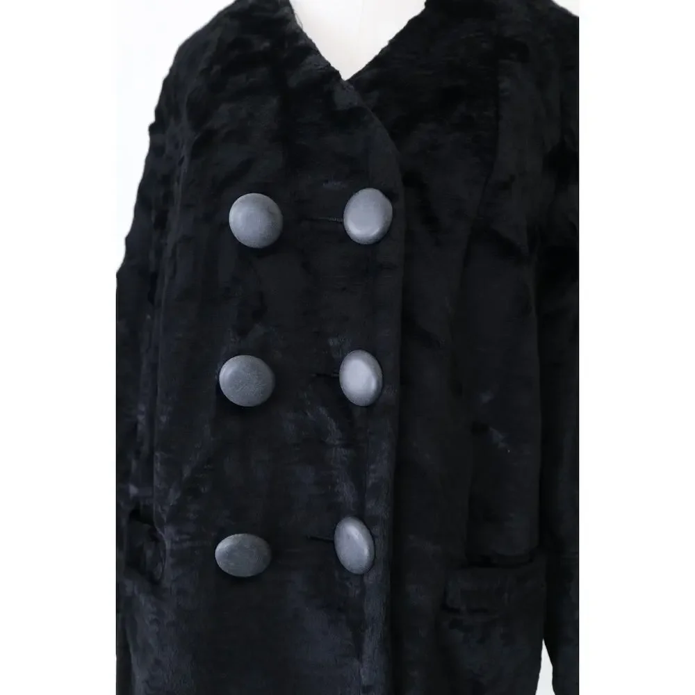 Vintage 1960s Styled By Winter Size L Faux Fur Teddy Coat Double Breasted Black